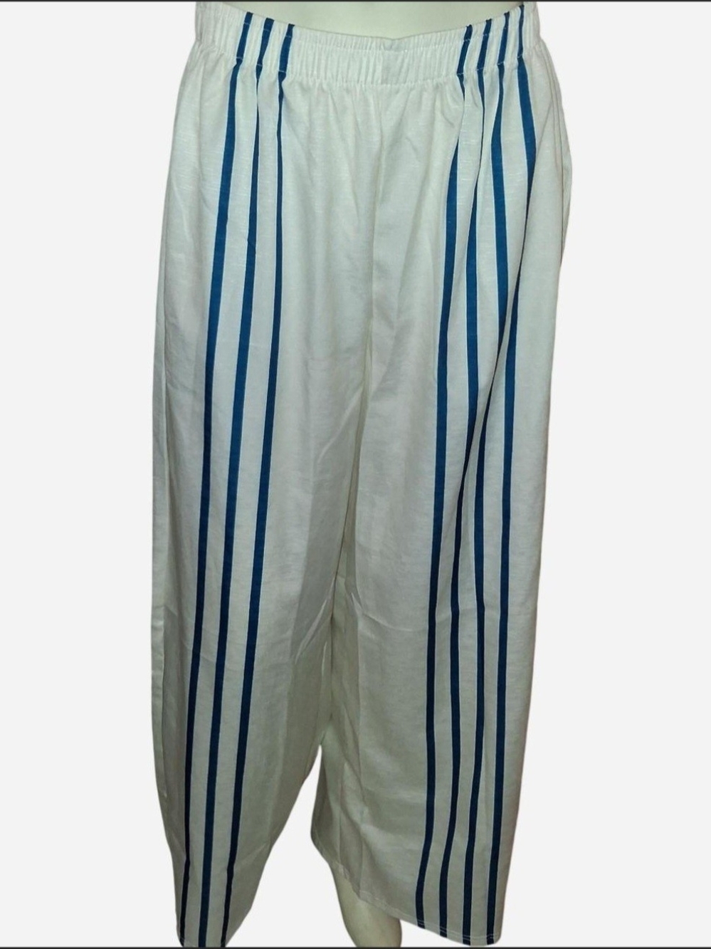 Women's White Pants with Vertical Teal Stripes